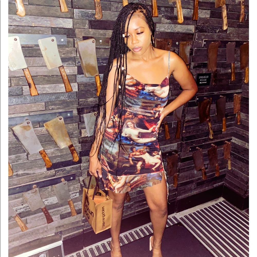 RUFFLE RENAISSANCE PRINT RUCHED SLIP MINI DRESS